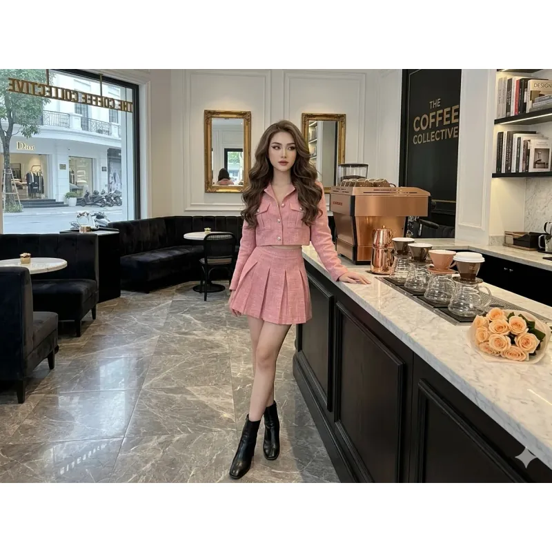 Set áo váy dạ tweed dáng ngắn tay dài kèm chân váy 970660