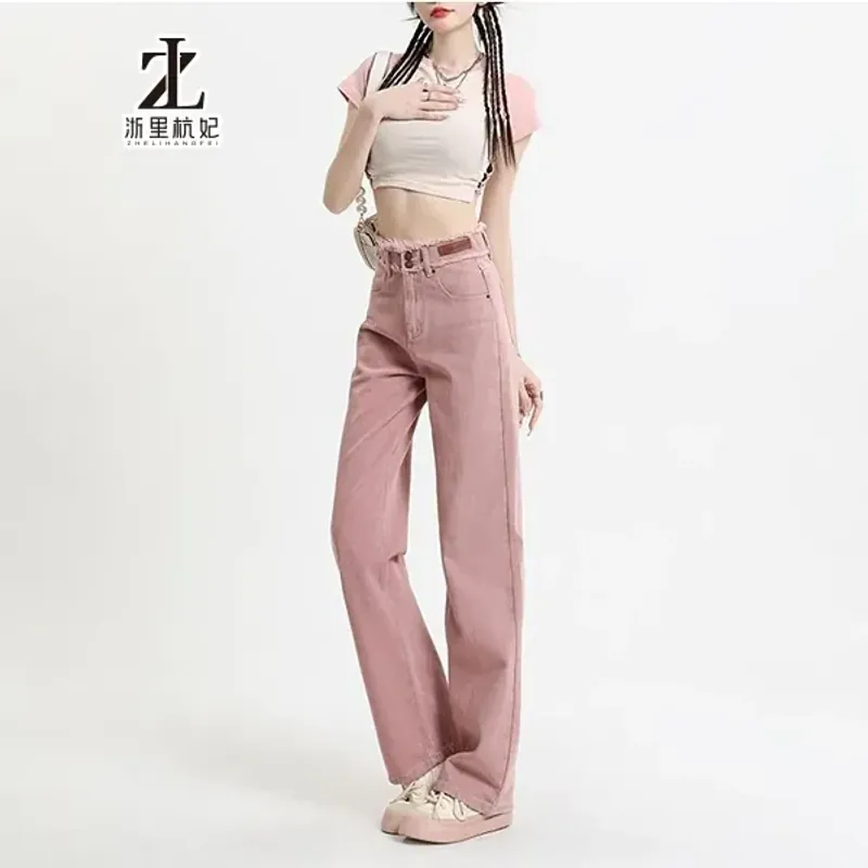Quần jean nữ màu hồng cạp cao ống rộng size M 785782