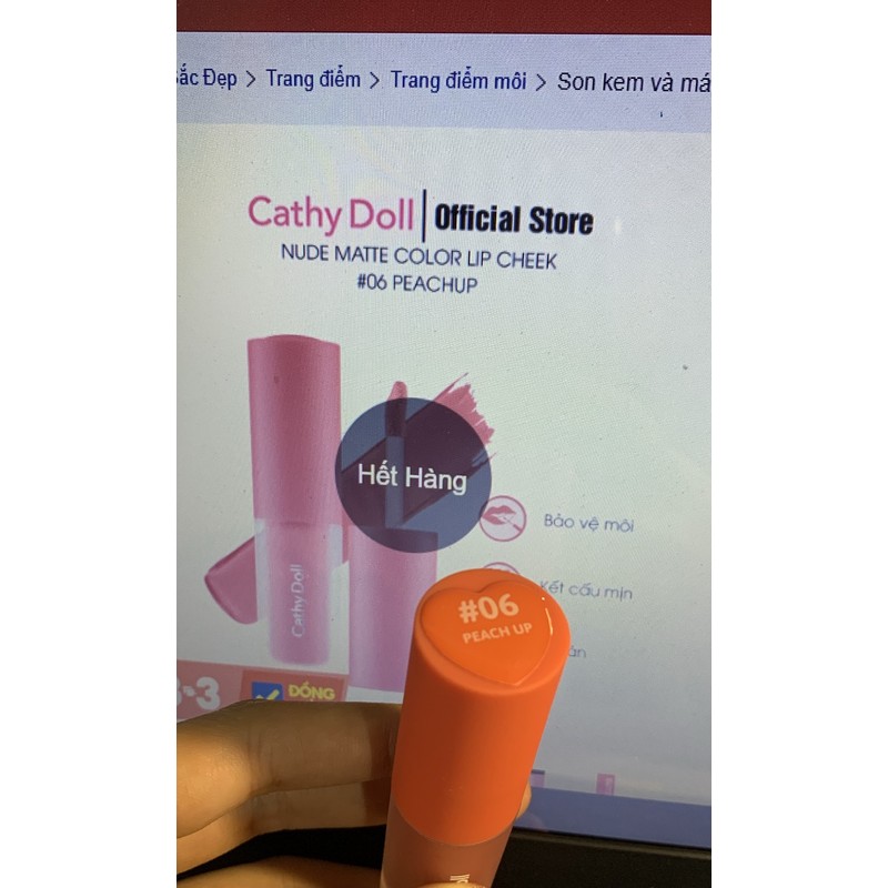 Son kem và má hồng Cathy Doll Lip & Cheek Nude Matte Tint 3.5g #06 PEACH UP 71514