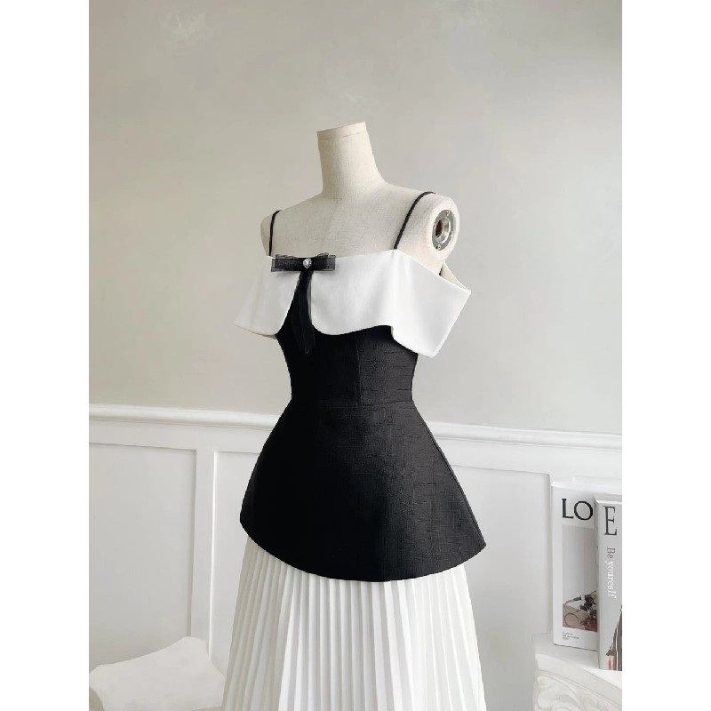 Áo peplum 2s đen phối trắng bo eo dáng xòe  14483