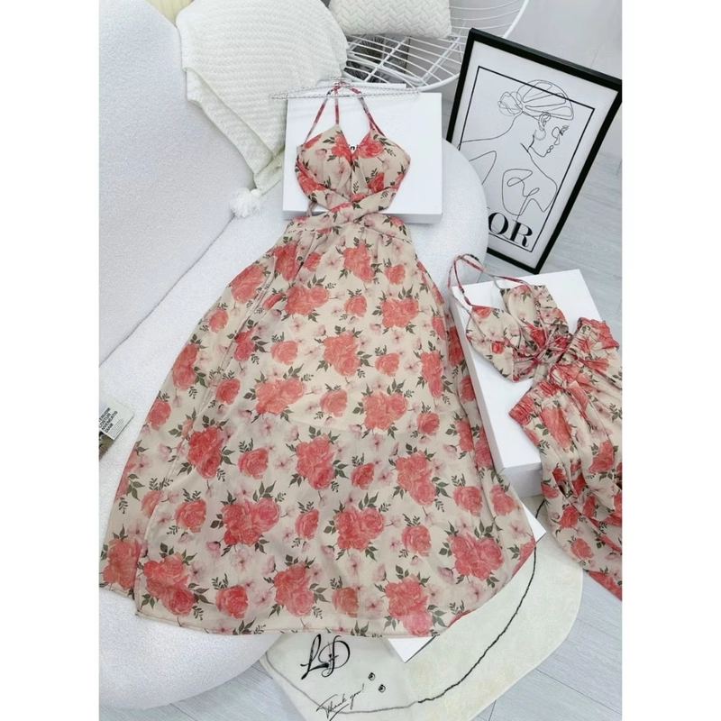 Đầm váy đi biển thời trang nữ dự tiệc chất voan hoa cổ dây không tay có mút 460631