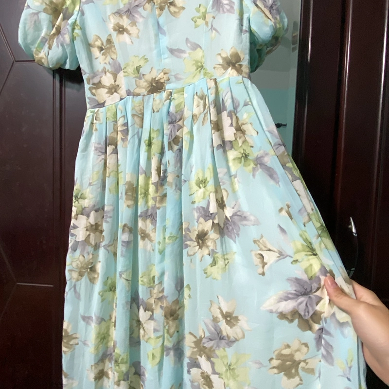 Đầm hoa voan xanh pastel ôm eo, dáng dài, mới 100%, size S/M từ 50-55kg vừa đẹp 455702
