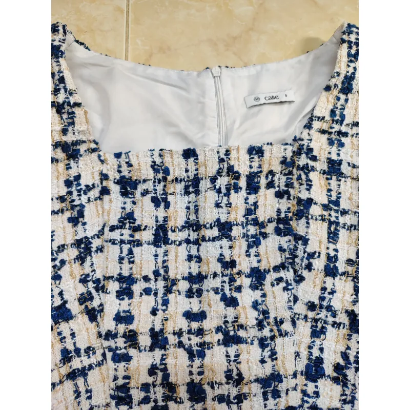 Đầm vải dạ caro tay voan kim tuyến dáng dài đi tiệc, đi chơi, đi làm còn mới 99% 925442