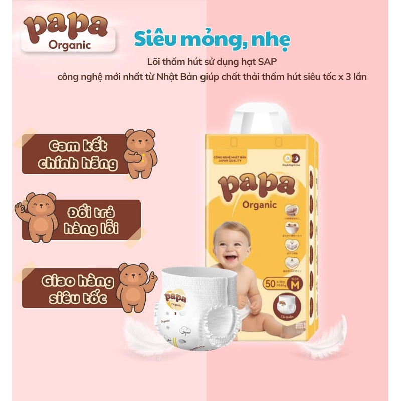 Tã bỉm Papa organic công nghệ Nhật bịch 50  miếng size S đến 5XL 215550