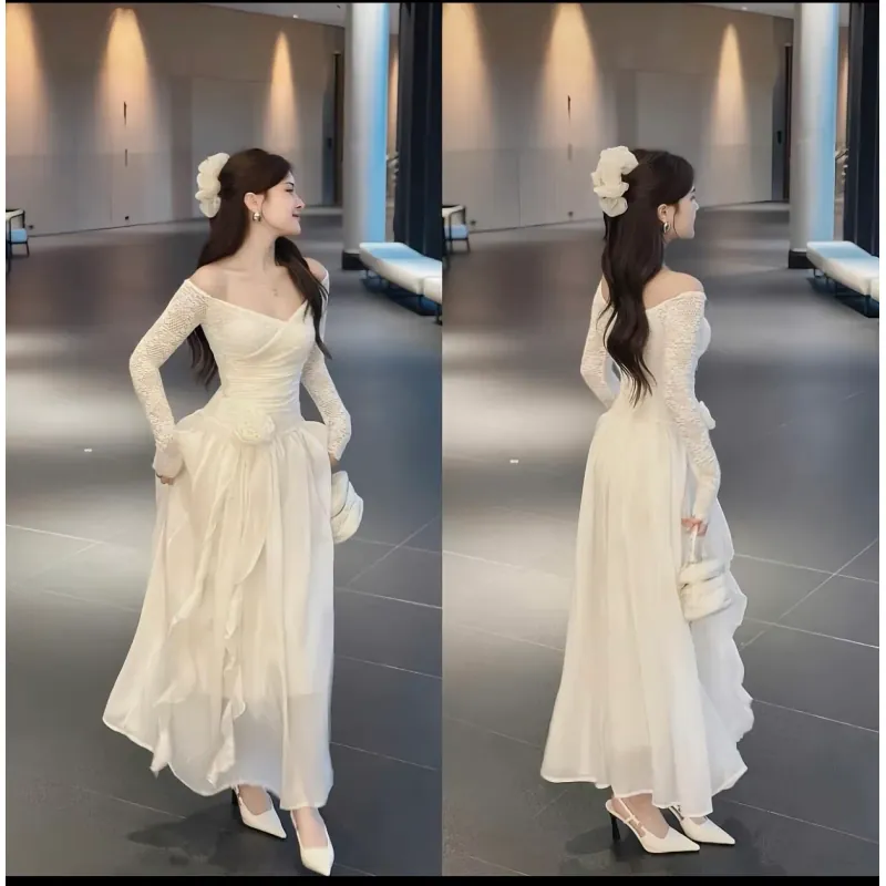 Đầm váy nữ ren phối tơ trễ vai đính hoa dài tay 1010714