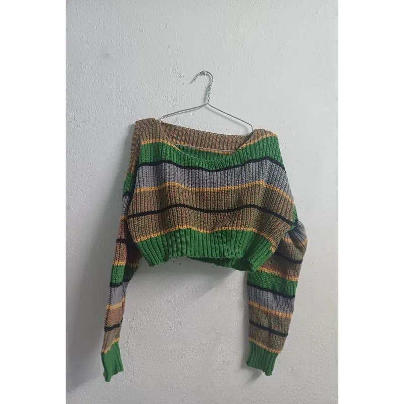 ÁO LEN DỆT KIM TAY DÀI CROPTOP KẺ SỌC XANH 745596