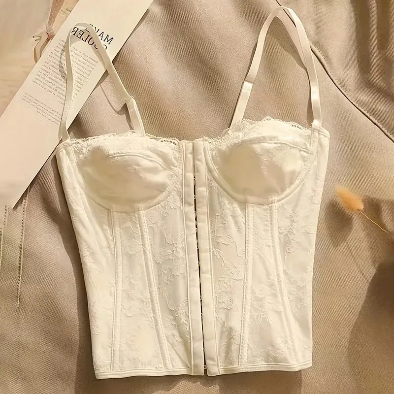 Áo corset ren ren phối ren phối dây vai mảnh màu be 758224