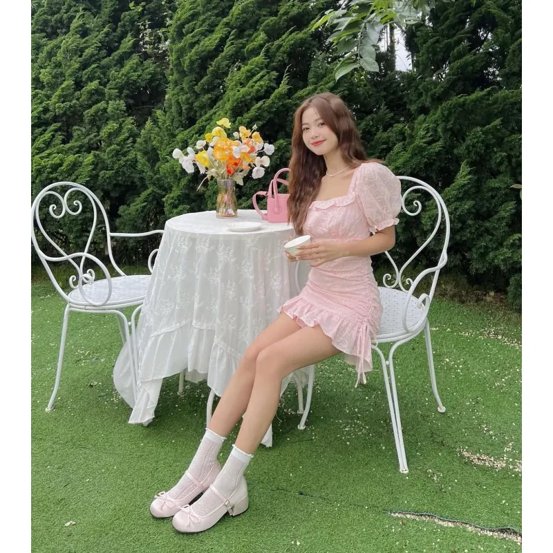 Váy nữ chiffon ngắn cổ Vuông tay bồng màu Hồng nhạt 749418