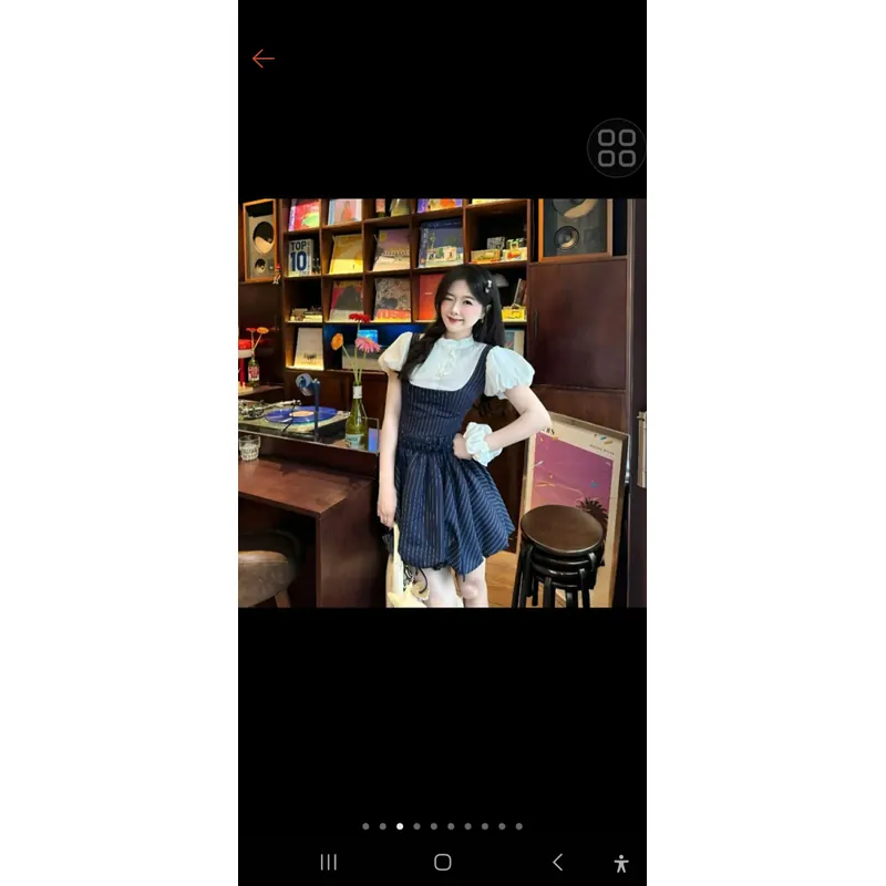 Váy Tiểu Thư Phối Thô Tay Bồng Cổ Bèo Dáng Bí Hoạ Tiết Kẻ Xanh Navy - Tặng Kèm Quần 706837