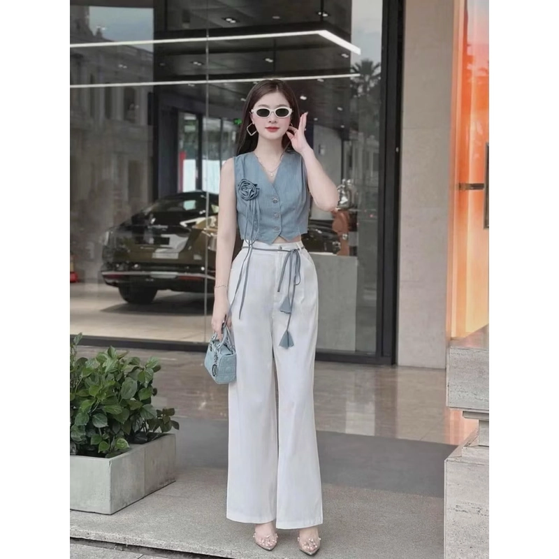Set áo croptop cổ vest kèm quần ống rộng lưng cao – Freesize 443456