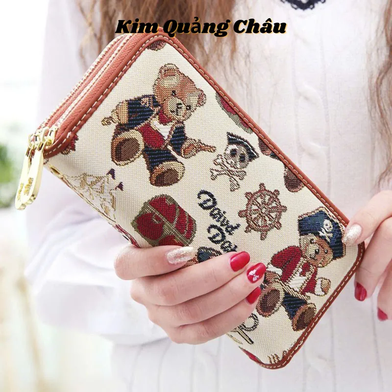 Ví Nữ Dài Cầm Tay 2 Ngăn Kéo Sang Trọng, Ví Thêu Hình Gấu Dễ Thương 574785