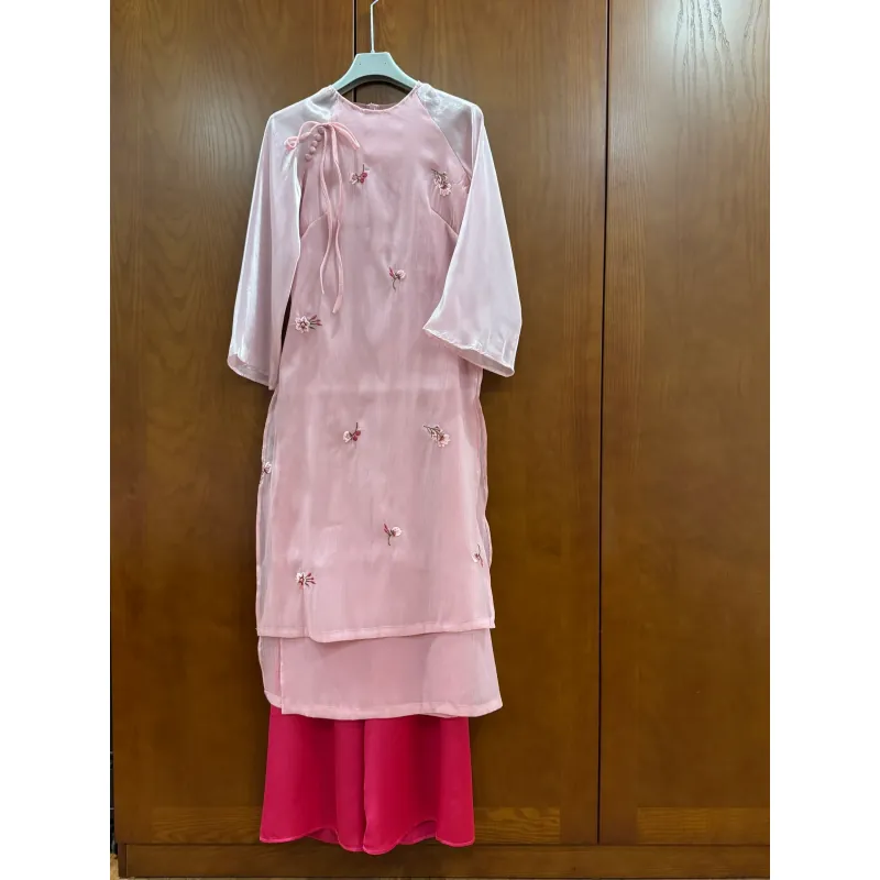Bộ áo dài 3 items màu tím hồng 996573