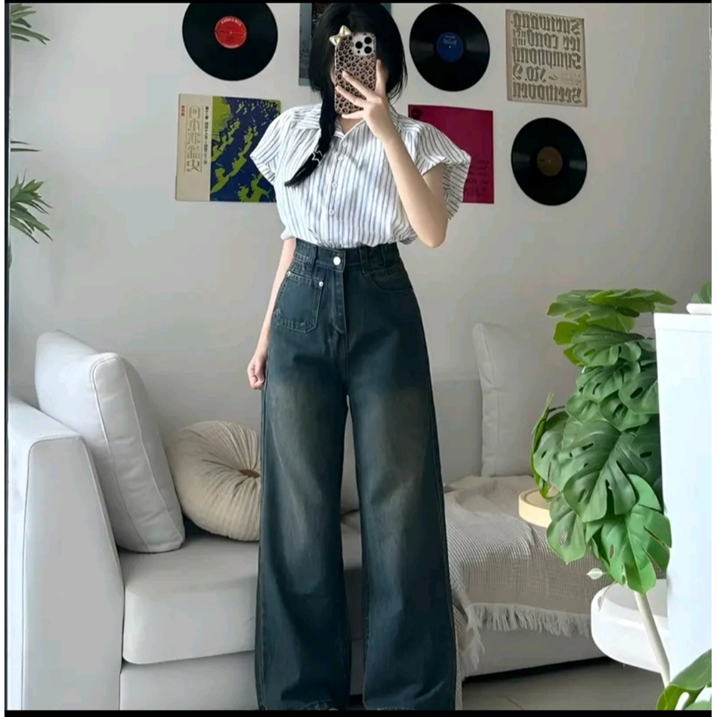 Quần jean suông nấm lùn phối túi RETRO dài 93-95cm 466130