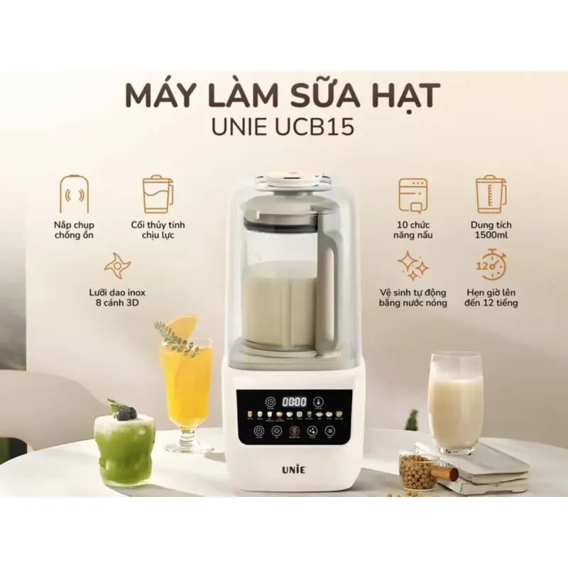 Máy làm sữa hạt UNIE UCB15 dung tích 1.5L, giảm ồn 30%, 10 chức năng nấu 798105