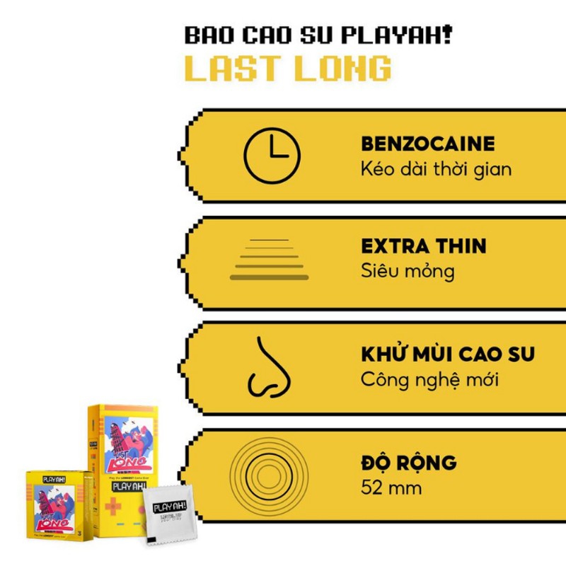 Bao Cao Su PlayAh Last Long Siêu Mỏng Kéo Dài Thời Gian Quan Hệ Hộp 10 size 52mm 170393