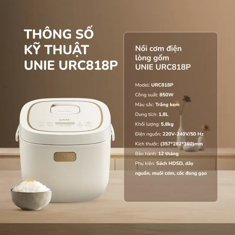 Nồi cơm điện lòng gốm cao cấp UNIE URC818P, Có chế độ cơm cháy độc đáo 735213