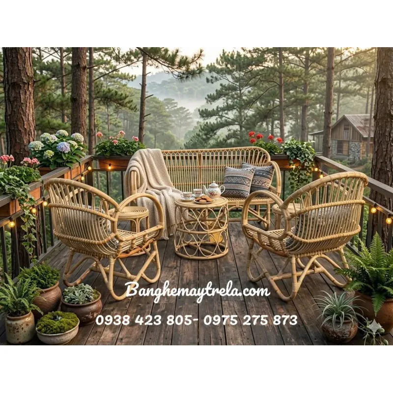 Bàn ghế sofa mây tay cuộn phòng khách 1026217