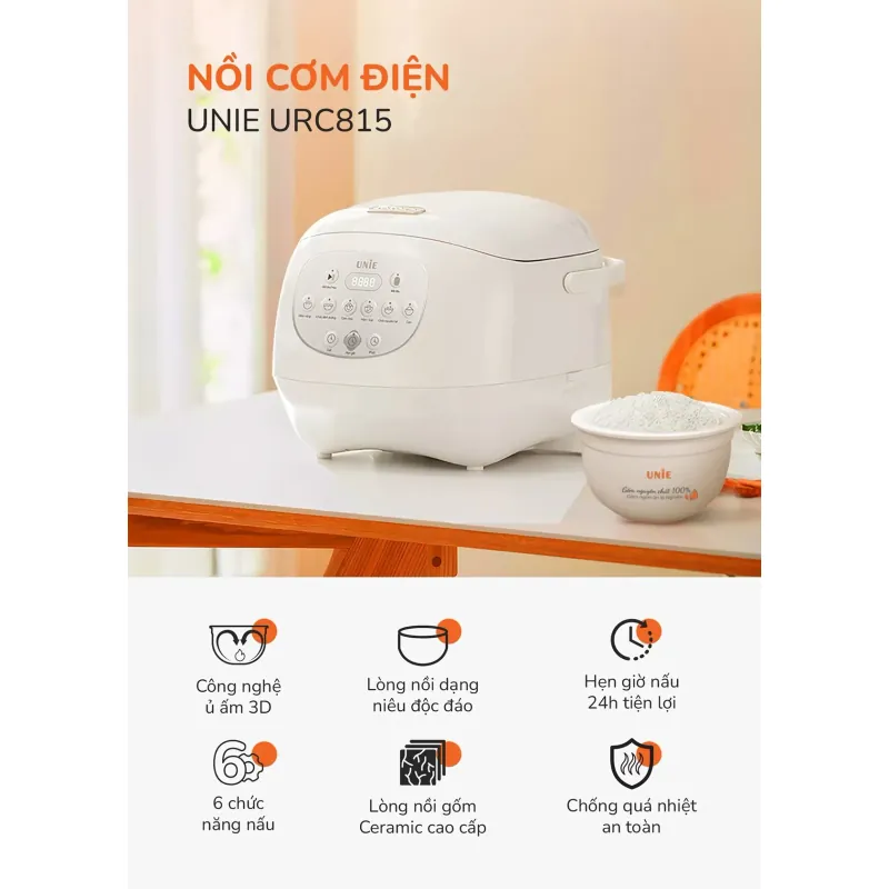 Nồi cơm điện lòng gốm tự nhiên UNIE URC815 nấu cơm cháy giòn tan, dung tích 1,5L 931494