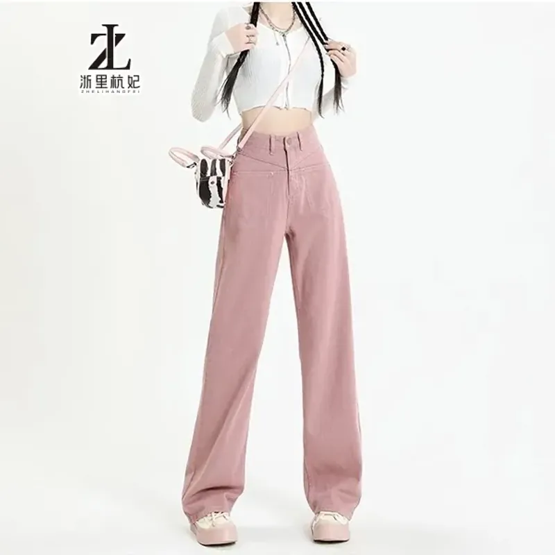 Quần jean nữ màu hồng cạp cao ống rộng size M 785782