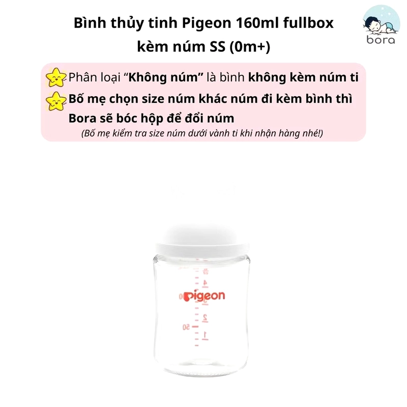 Bình sữa nội địa Nhật Pigeon cổ rộng thủy tinh 160ml size SS từ 0M - Mới 100% 452680