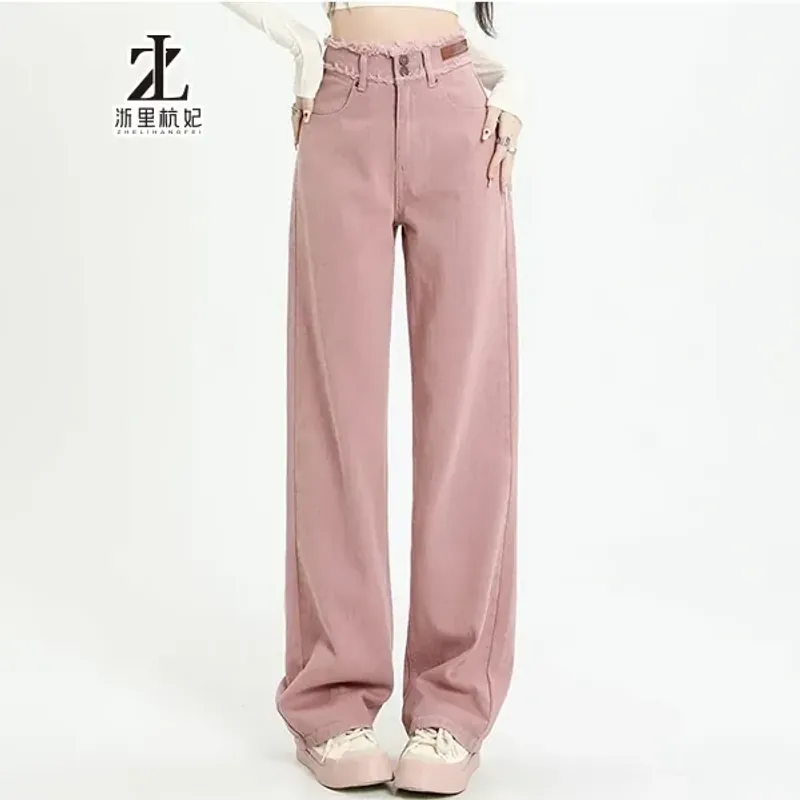 Quần jean nữ màu hồng cạp cao ống rộng size M 785782