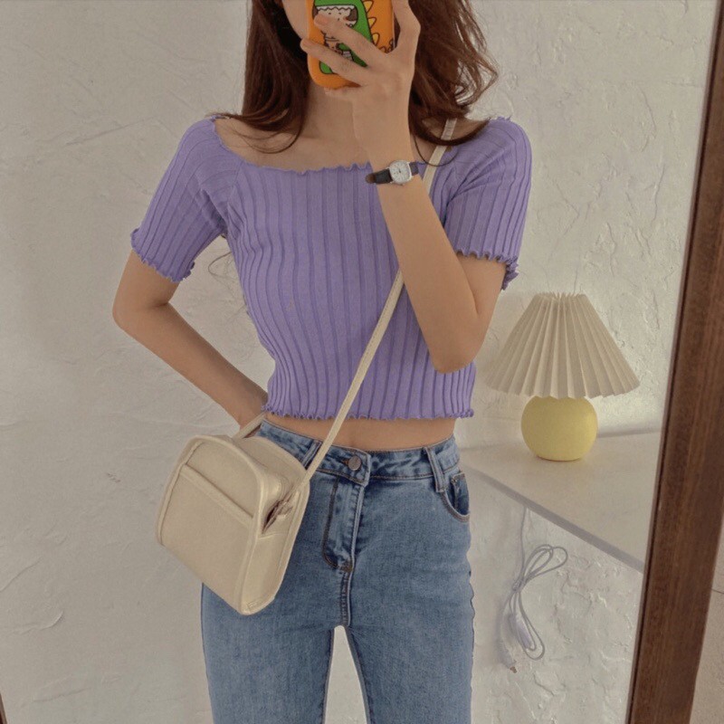 Áo len trễ vai tiểu thư tím pastel croptop freesize 79243