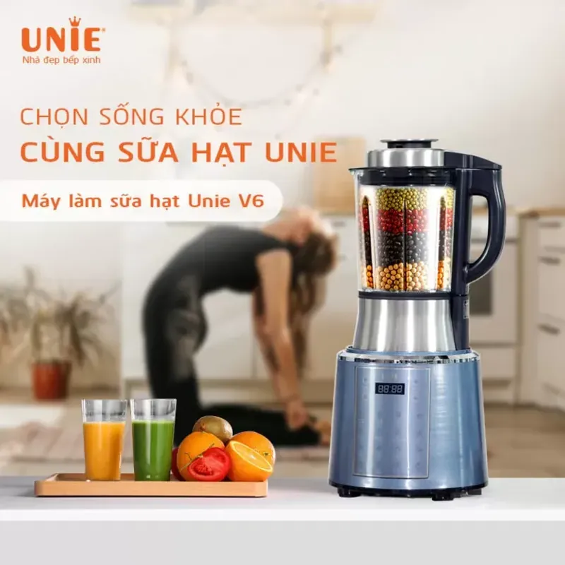 Máy làm sữa hạt UNIE V6 dung tích 1,75L, 13 chức năng nấu, lưỡi dao inox 4D 8 cánh 715906