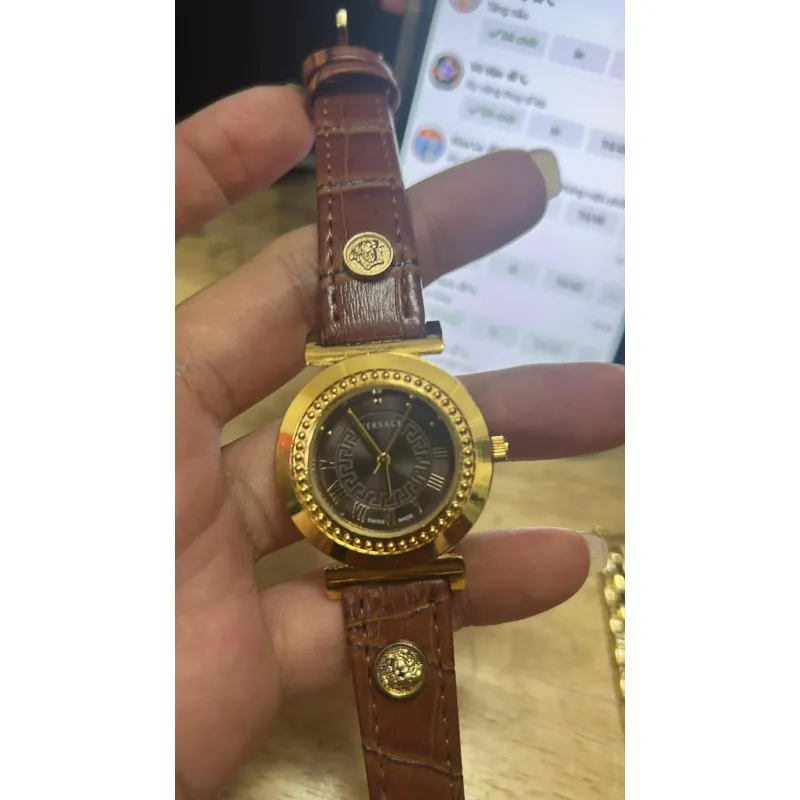 Đồng hồ thời trang nữ da thật dây da nâu mặt đen phong cách sang trọng 675333