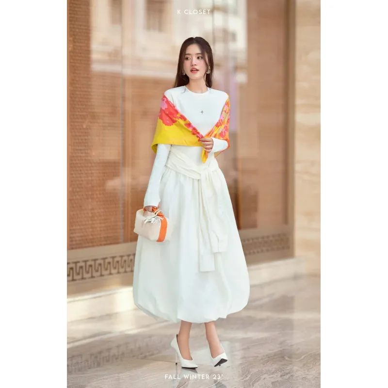 Váy nữ dài dài tay màu trắng phối eo thắt đậm chất mùa thu 777187