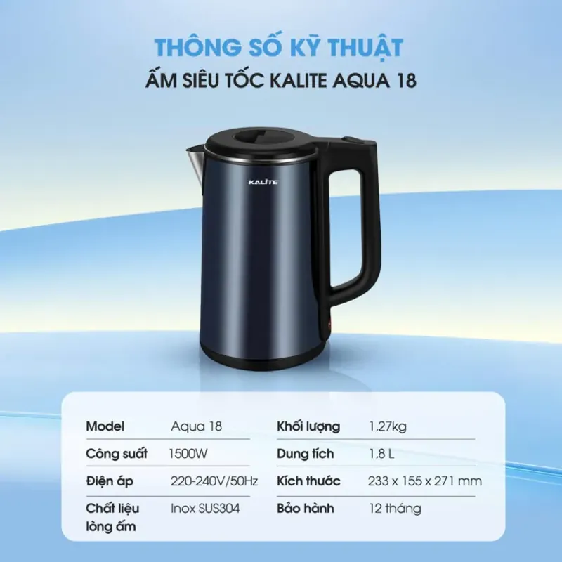 Ấm siêu tốc KALITE Aqua 18 dung tích 1,8L inox 304 an toàn vỏ 2 lớp cách nhiệt 796786