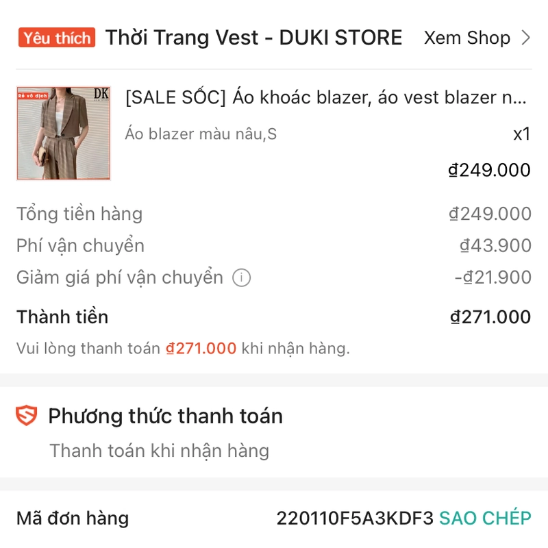 Áo khoác blazer dáng lửng có cầu vai [size S] - DUKI STORE 331035