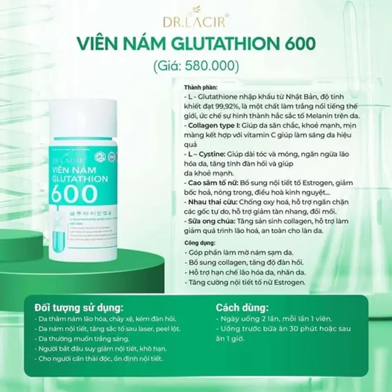 Viên Uống Glutathione 600 Dr Lacir - Tặng quà tùy thời điểm mua hàng 600905
