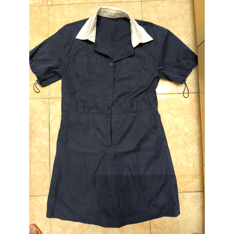 đầm sơ mi xanh navy cổ trắng vải cotton thô mát không nhăn 536643