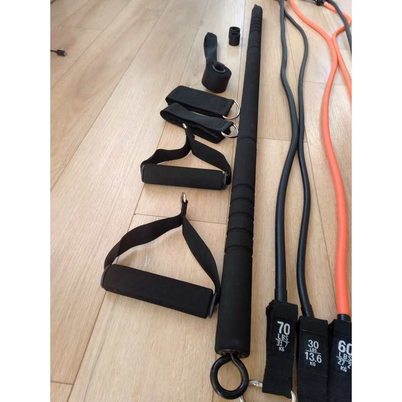 Bộ tập gym tại nhà: 5 dây kháng lực + đòn squat +  hướng dẫn tập luyện  308071