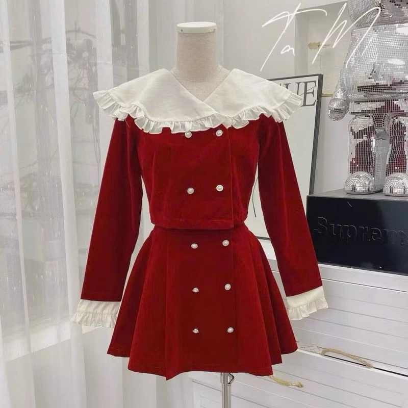Set nhung đỏ tay dài phối ren dễ thương ,size L 454801