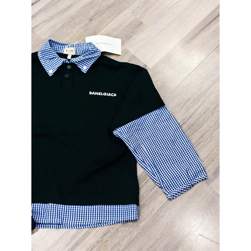 🤴Bé trai 5-6y dưới 22kg Combo Áo Polo giả sơ mi caro + Quần dài xanh navy  956991