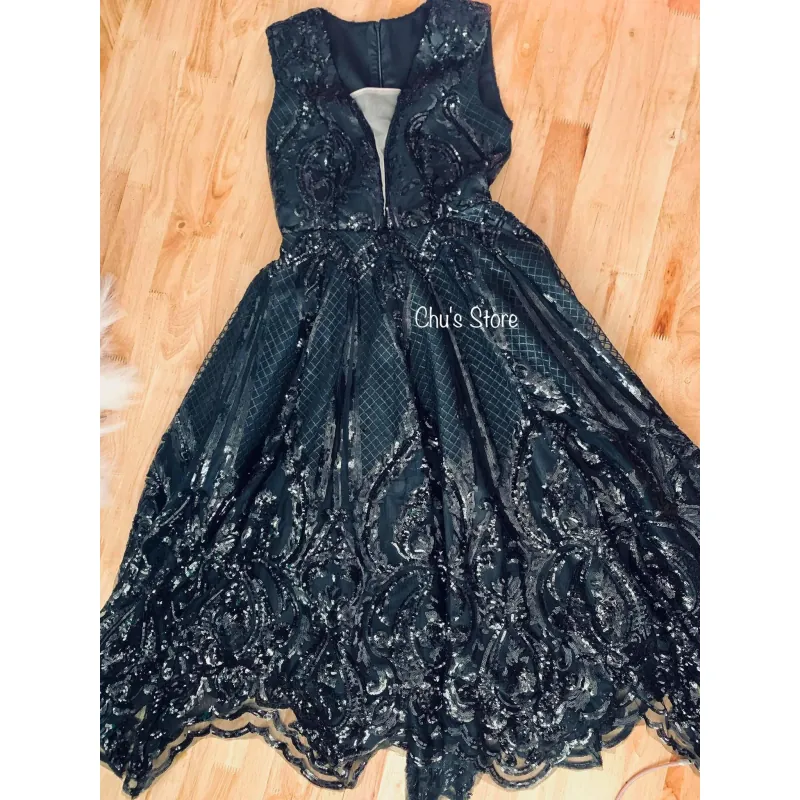 Váy nữ dài xếp ly rêve phối sequin màu đen size M 607584