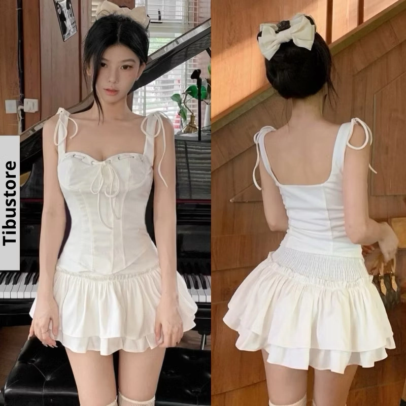 (Pass đồ) Set Áo Hai Dây Thắt Nơ Kèm Chân Váy Xếp Tầng Viền Eo TIBU Set Đồ Nữ Tiểu Thư Ôm  508909