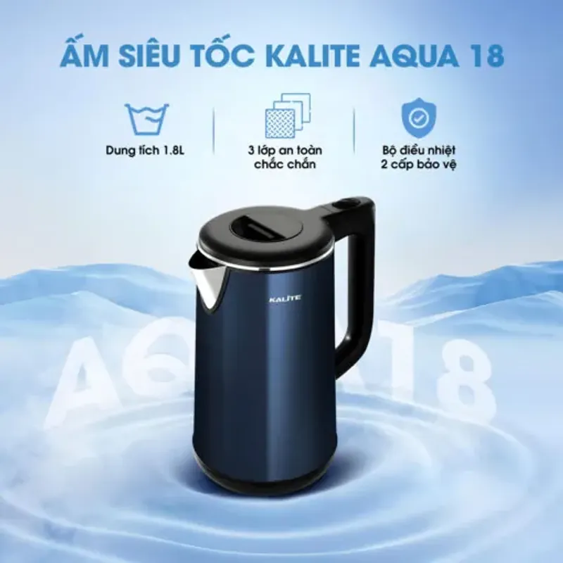 Ấm siêu tốc KALITE Aqua 18, dung tích 1,8L, inox 304 an toàn, vỏ 2 lớp cách nhiệt 932335