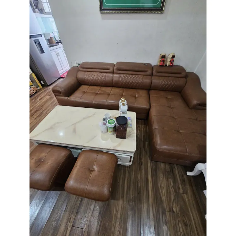 bộ sofa góc chữ L, bọc giả da bò kích thước 3 x2 m ghế. gồm ghế, bàn, 2 đôn 1031805