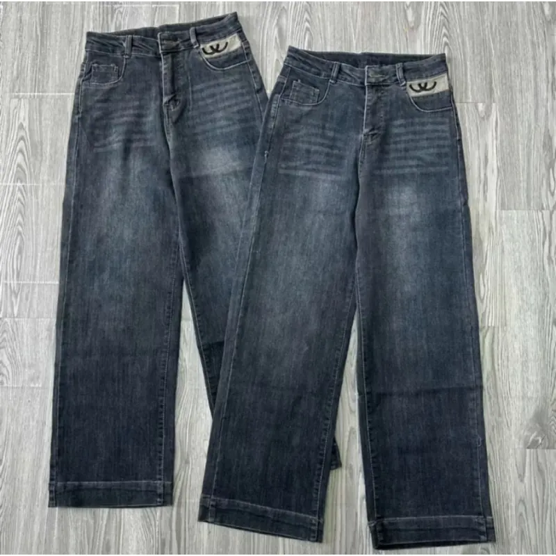 Quần Jean nữ ống đứng cạp cao co giãn túi thêu CC, quần bò nữ Quảng Châu lưng cao Hot  990873