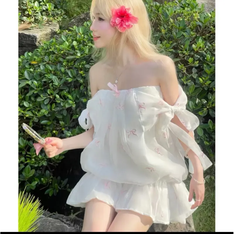 Váy hè trễ vai tơ mềm thêu nơ cho nữ ( Tặng kèm quần bảo hộ ) 785206