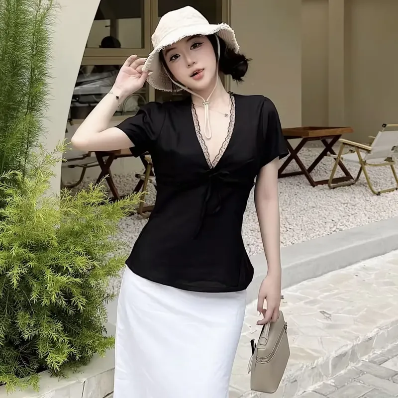 Áo Kiểu Linen Xinh Nữ Cổ V Phối Viền Ren Tay Ngắn 564853