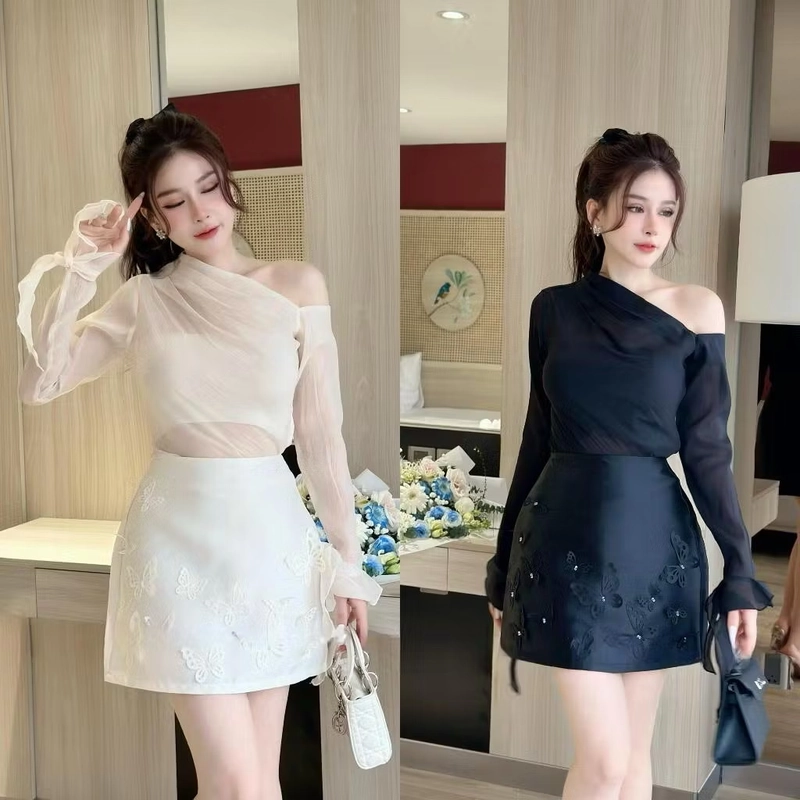 Set trễ vai xốp nhăn mix chân váy hồ điệp 509682