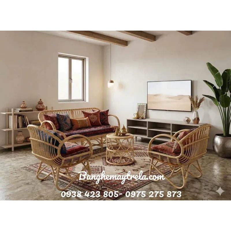 Bàn ghế sofa mây tay cuộn phòng khách 1026217