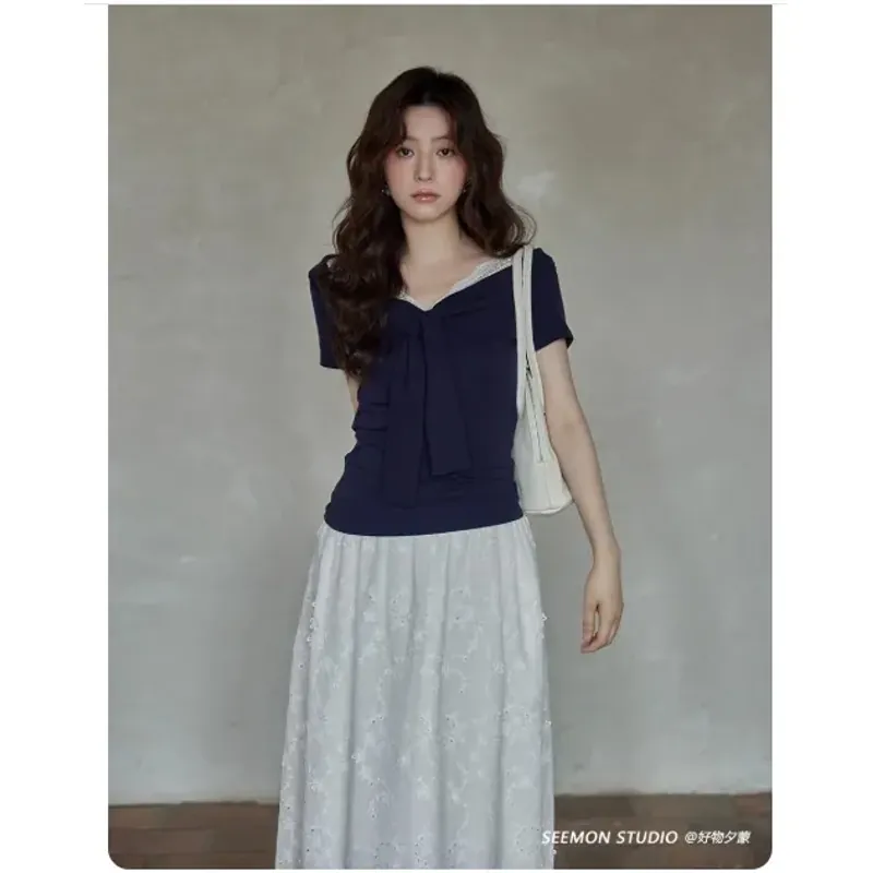 Áo thun NEWTAG nữ tính cổ ren hãng Seemon chất thun mềm mại 605686