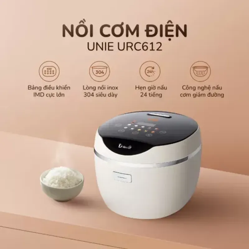 Nồi cơm điện tử UNIE URC612 , nấu cơm giảm đường, lòng nồi inox, dung tích 1,2L 728726