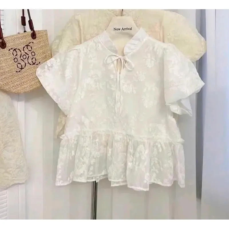 Áo babydoll, áo cổ tàu tay ngắn phối ren hoa 738353