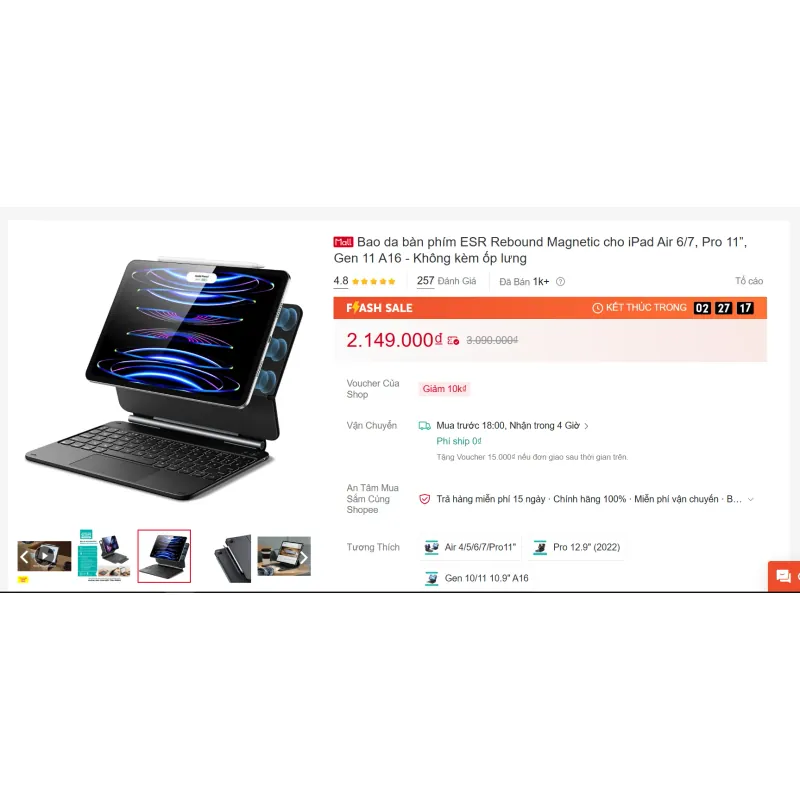 Bao da kèm bàn phím ESR Rebound Magnetic cho iPad Air (kèm dây sạc) 736933