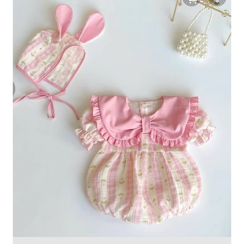 Bodysuit xô muslin, cổ nơ to cho bé gái  5-7kg 462198